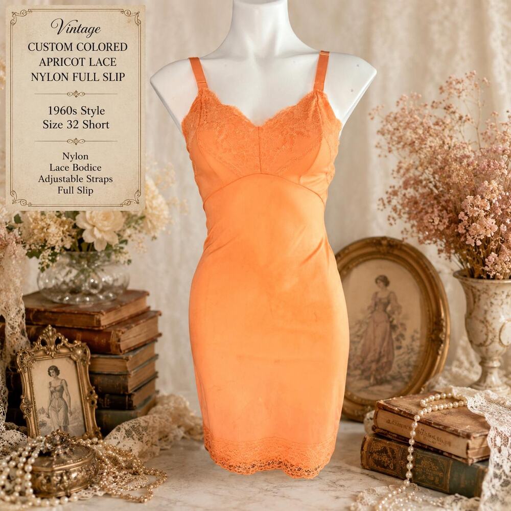 Vintage Custom Colored Apricot Lace Nylon Full Slip 1960s Style Size 32 Short